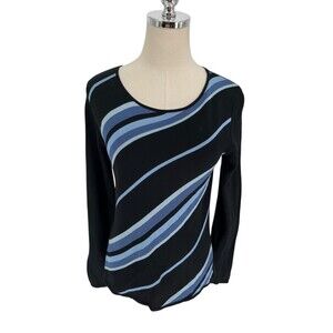 Harold's Top Women's Size Small 100% Silk Black Blue Stripes Long Sleeve